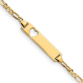 10k Polished Solid Chain/Solid Plate Figaro Link Cut-out Heart 21x5mm Plate 6 inch Baby/Child ID Bracelet