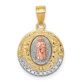 10K Two-Tone and White Rhodium CZ Round Our Lady Of Guadalupe Pendant