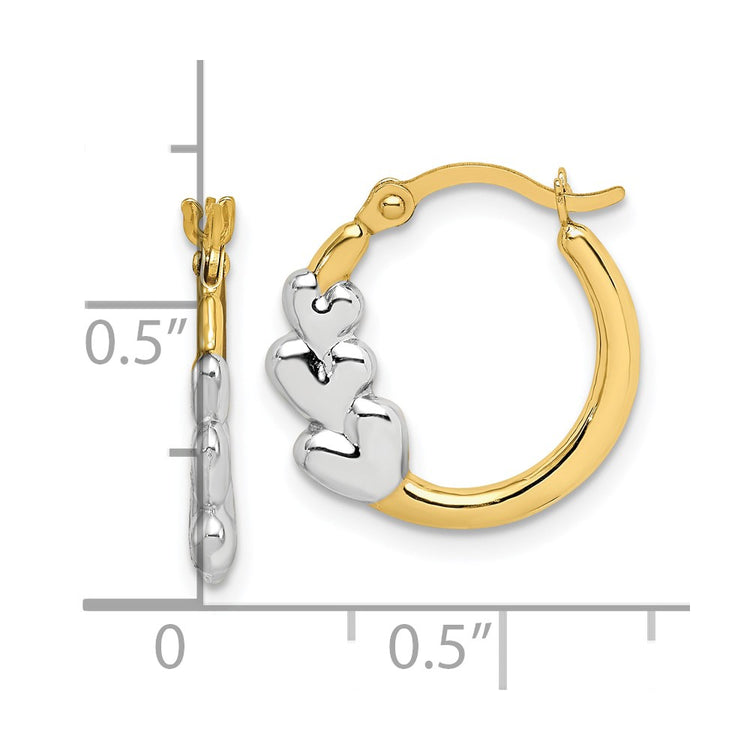 10K and White Rhodium Hearts Hollow Hoop Earrings