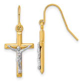10k Two-tone Polished Crucifix Dangle Shepherd Hook Earrings