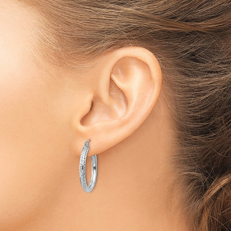 10k White Gold Diamond-cut 3mm Round Hoop Earrings