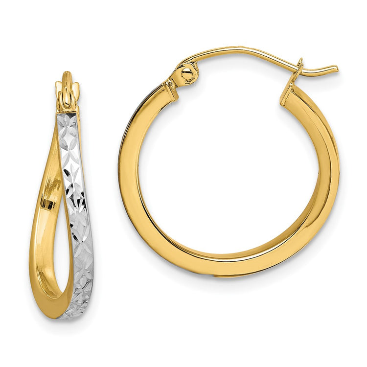 10k and White Rhodium Diamond-cut Textured Wavy Hoop Earrings