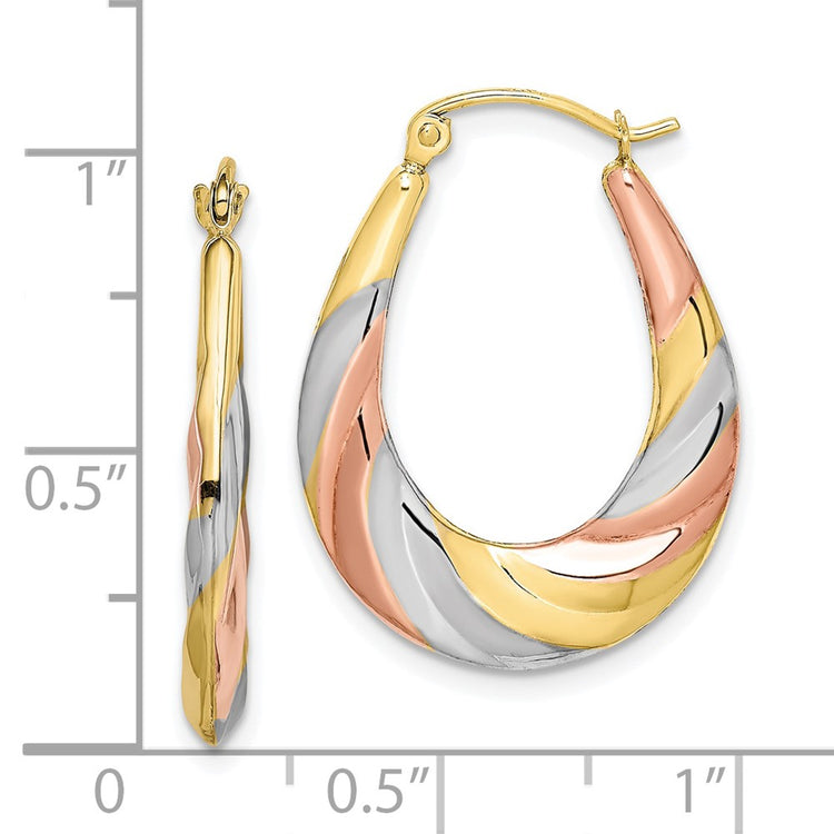 10K and Rhodium Oval Scalloped Hollow Hoop Earrings