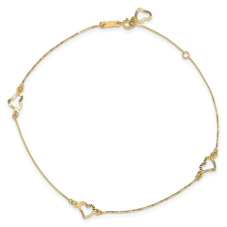 14k Diamond-cut Open Heart 3-Station 9 inch Plus 1 inch Extender - Total 10 inch Anklet