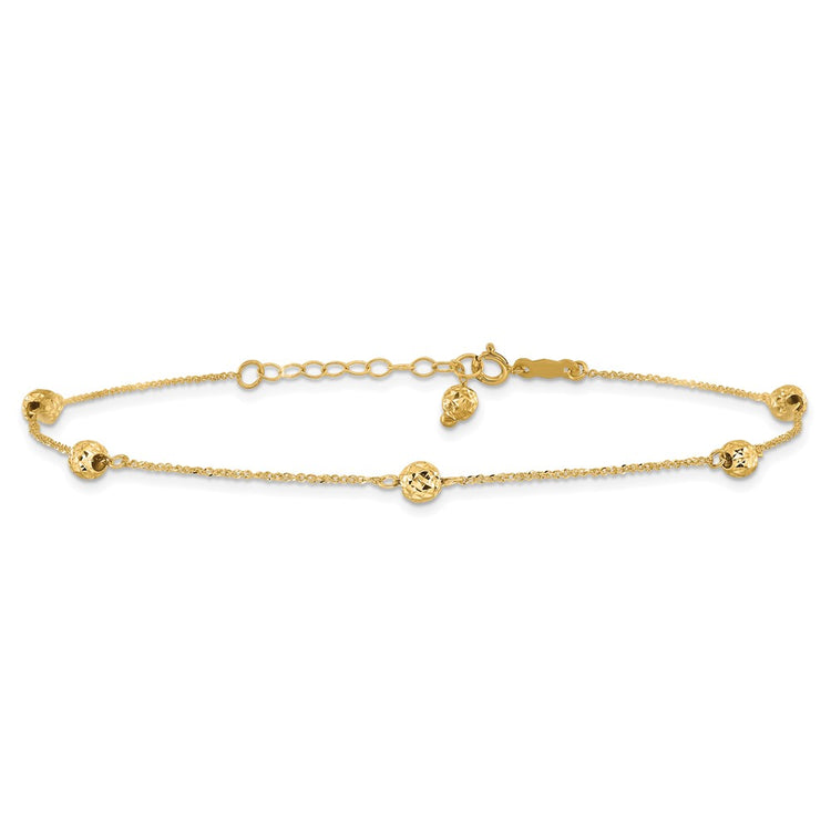 14k Diamond-cut Beads 5-Station 9 inch Plus 1 inch Bead Dangle Extender - Total 10 inch Anklet