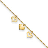 14k Three Heart Dangles 9 inch Plus 1 inch Extender - Total 10 inch Anklet