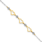 14K Two-tone Three Hearts and Diamond-cut Beads 9 inch Plus 1 inch Extender - Total 10 inch Anklet