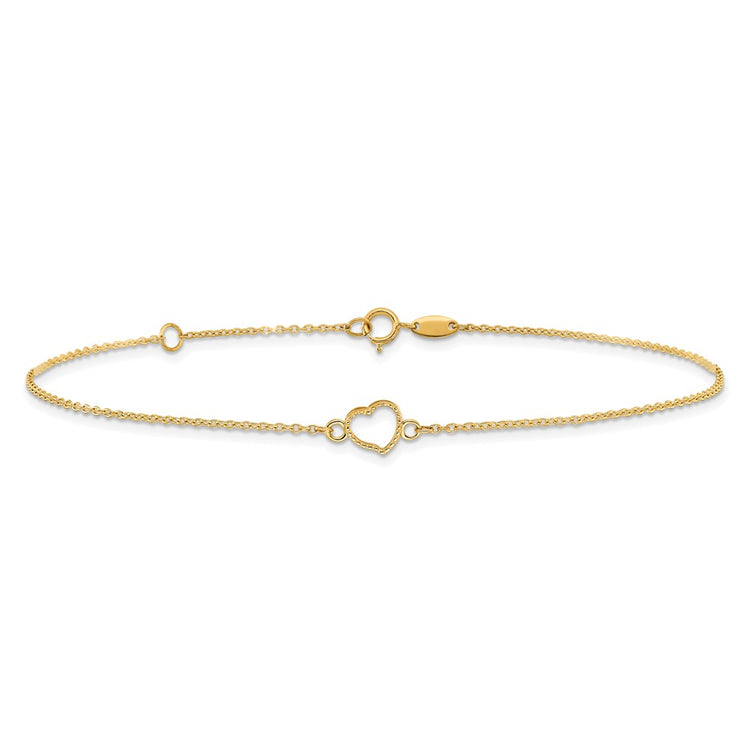 14K Textured and Polished Open Heart 9 inch Plus 1 inch Extender - Total 10 inch Anklet