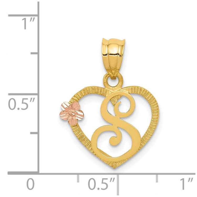 14k Two-Tone Heart Letter S Initial Pendant