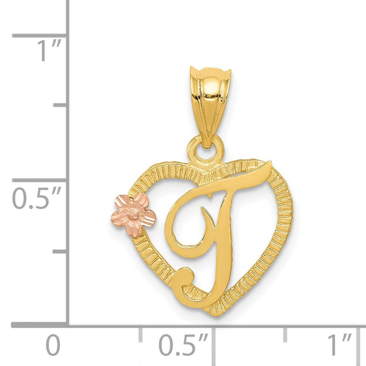 14k Two-Tone Heart Letter T Initial Pendant
