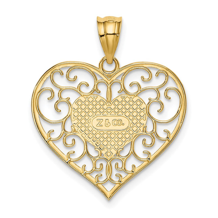 14K Polished Filigree Border Heart Pendant