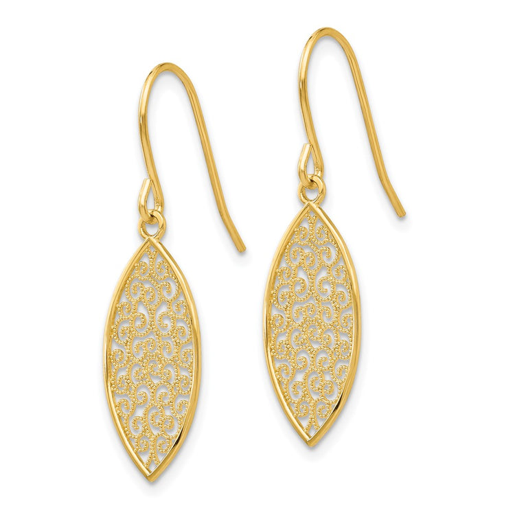 14k Fancy Filigree Pointed Oval Dangle French Hook Earrings