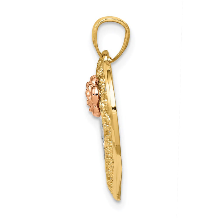14k Two-tone with White Rhodium Diamond-cut MOM in Heart with Rose Pendant