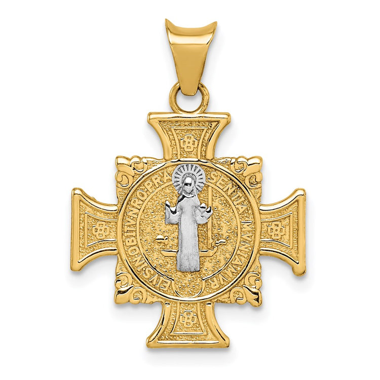 14K Yellow Gold + White Rhodium St. Benedict Cross Pendant