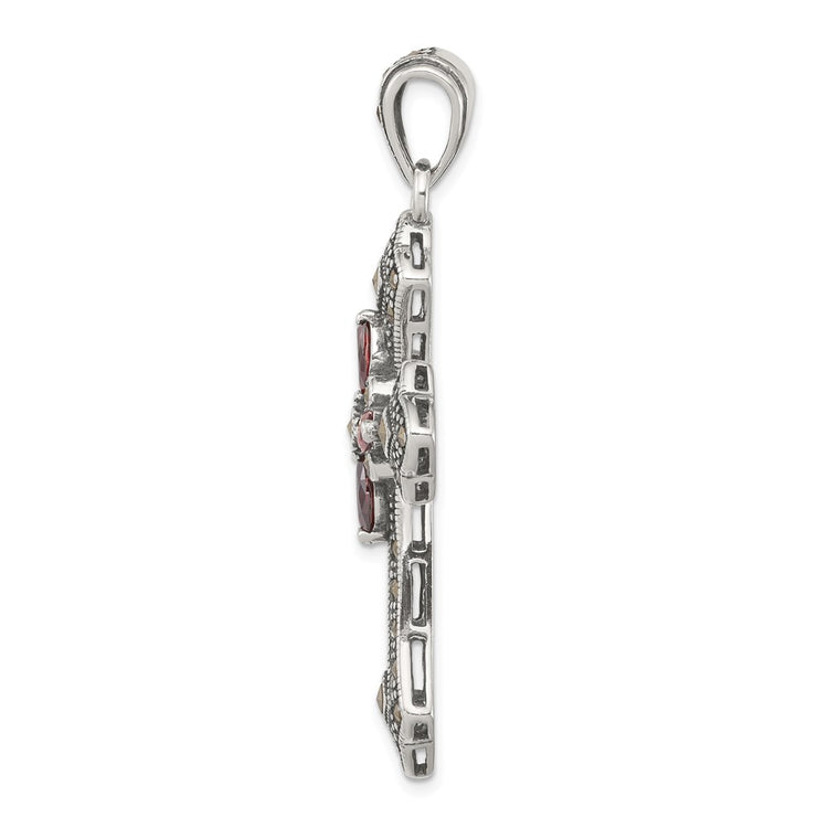 Sterling Silver Antiqued Red Marquise CZ Marcasite Cross Pendant