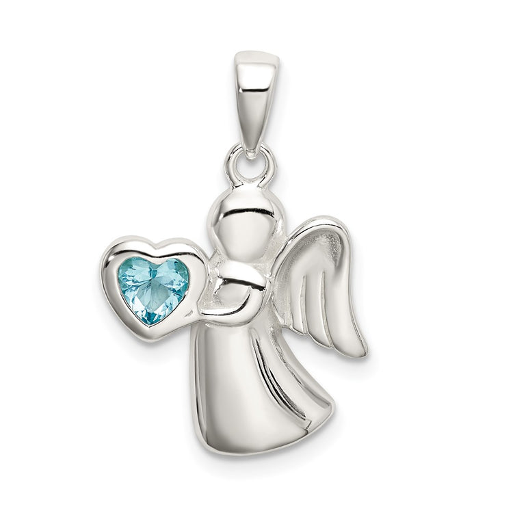 Sterling Silver 15MM Angel W/light Blue CZ Heart Pendant Bracelet Womens