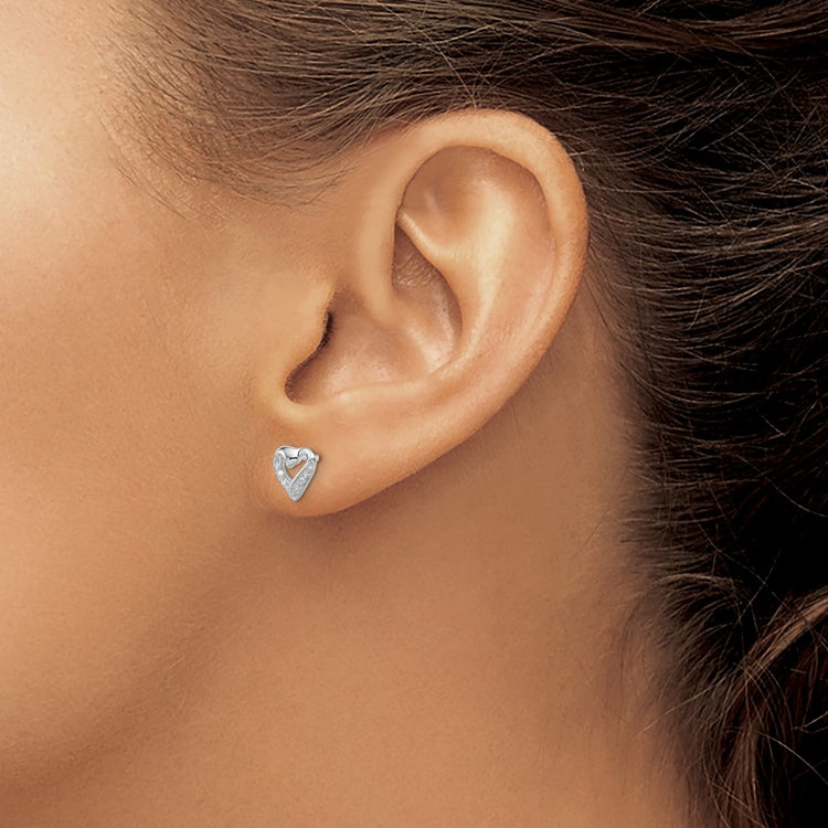 Sterling Silver Rhodium Diamond Heart Post Earrings