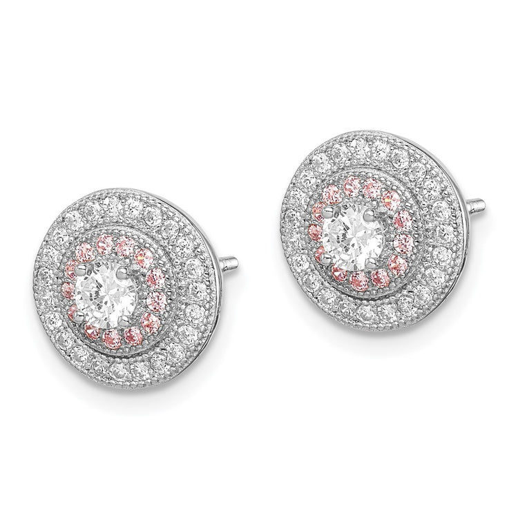 Sterling Silver Rhodium & Rose Gold-plated Pav CZ Circle Post Earrings