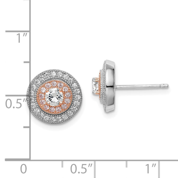 Sterling Silver Rhodium & Rose Gold-plated Pav CZ Circle Post Earrings