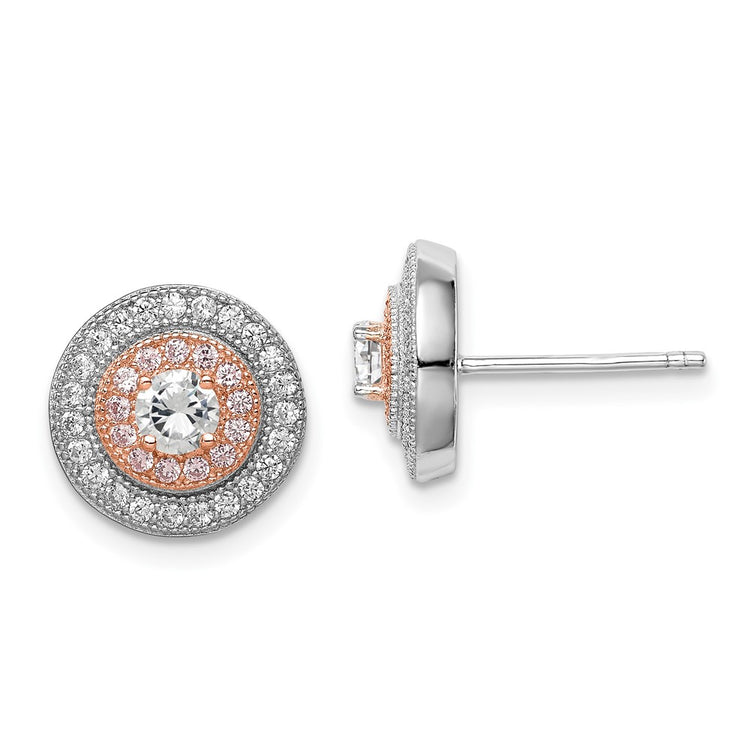 Sterling Silver Rhodium & Rose Gold-plated Pav CZ Circle Post Earrings