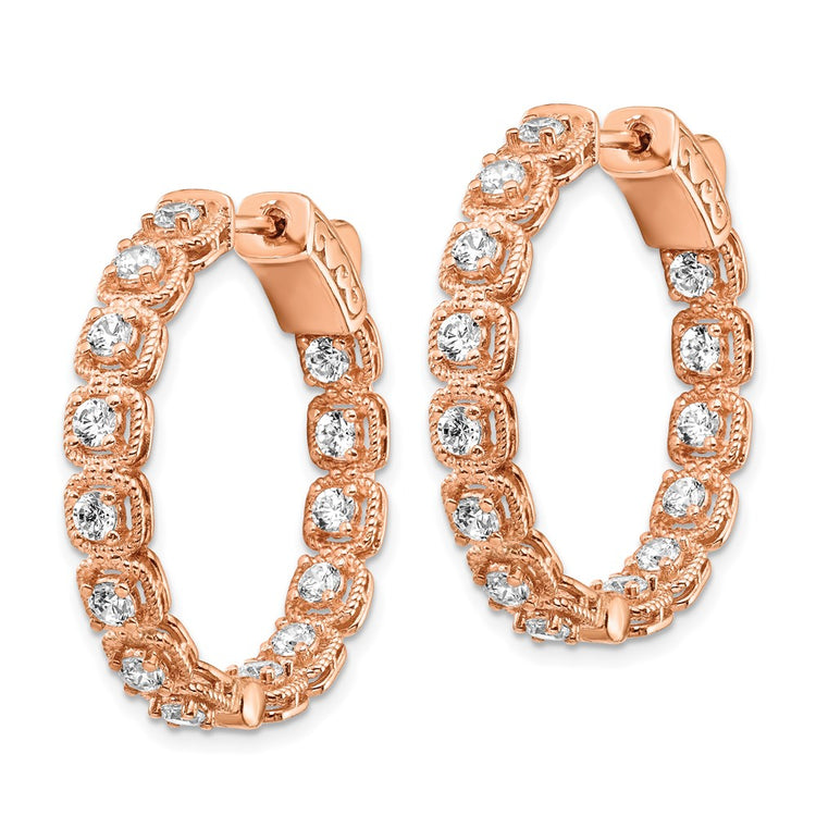 Sterling Shimmer Sterling Silver Rose-tone Rose Flash Gold-plated 28 Stone 2.5mm CZ In and Out Round Hinged Hoop Earring
