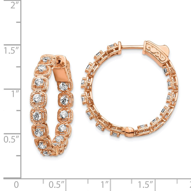 Sterling Shimmer Sterling Silver Rose-tone Rose Flash Gold-plated 28 Stone 2.5mm CZ In and Out Round Hinged Hoop Earring