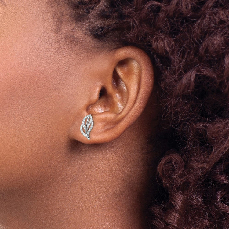 Sterling Silver CZ Leaf Stud Earrings - view 3