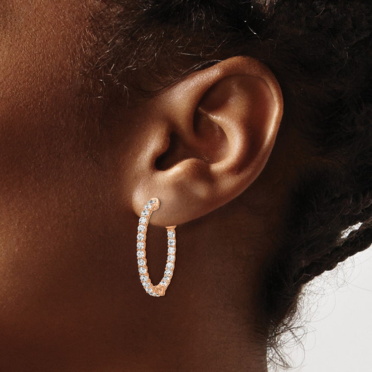 Sterling Shimmer Sterling Silver Rose-tone Flash Rose Gold-plated 46 Stone 2.25mm CZ In and Out Oval Hinged Hoop Earring