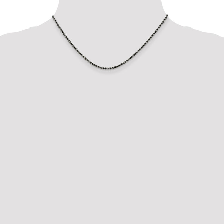 Sterling Silver 2.3MM Ruthenium-plated Rope Chain Necklace Womens 16-24 Inch
