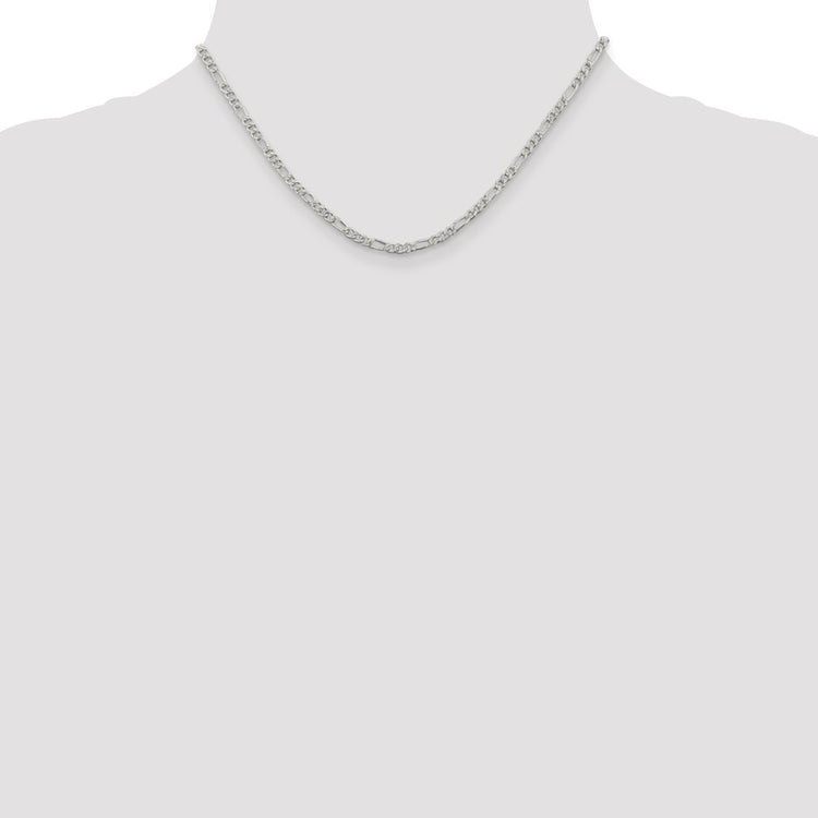 Sterling Silver 3MM Pavé Flat Figaro Chain Necklace Womens 16-24 Inch