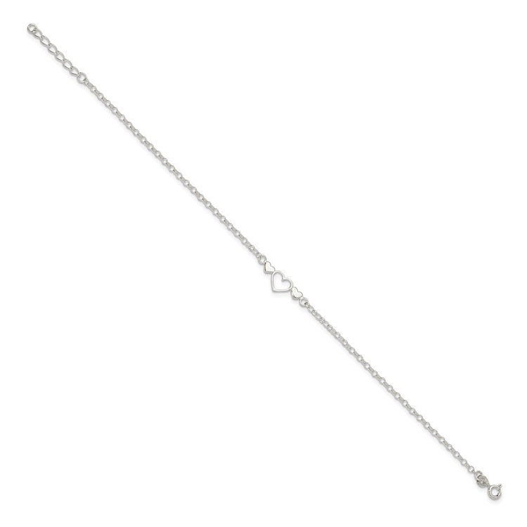 Sterling Silver Three Hearts 9 inch Plus 1 inch Extender - Total 10 inch Anklet