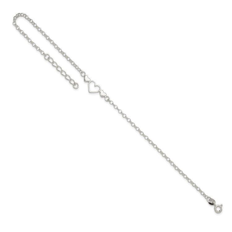 Sterling Silver Three Hearts 9 inch Plus 1 inch Extender - Total 10 inch Anklet