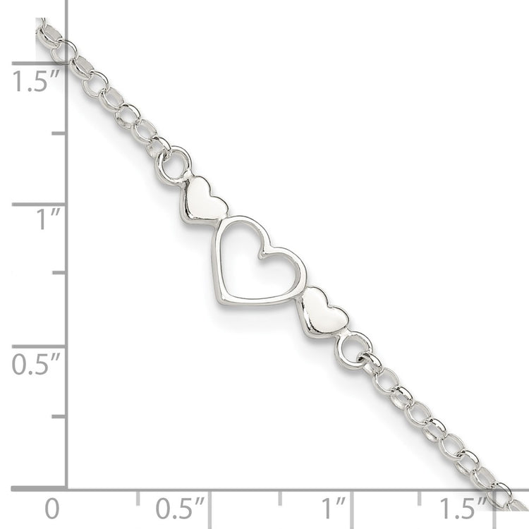 Sterling Silver Three Hearts 9 inch Plus 1 inch Extender - Total 10 inch Anklet