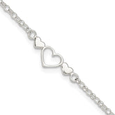 Sterling Silver Three Hearts 9 inch Plus 1 inch Extender - Total 10 inch Anklet