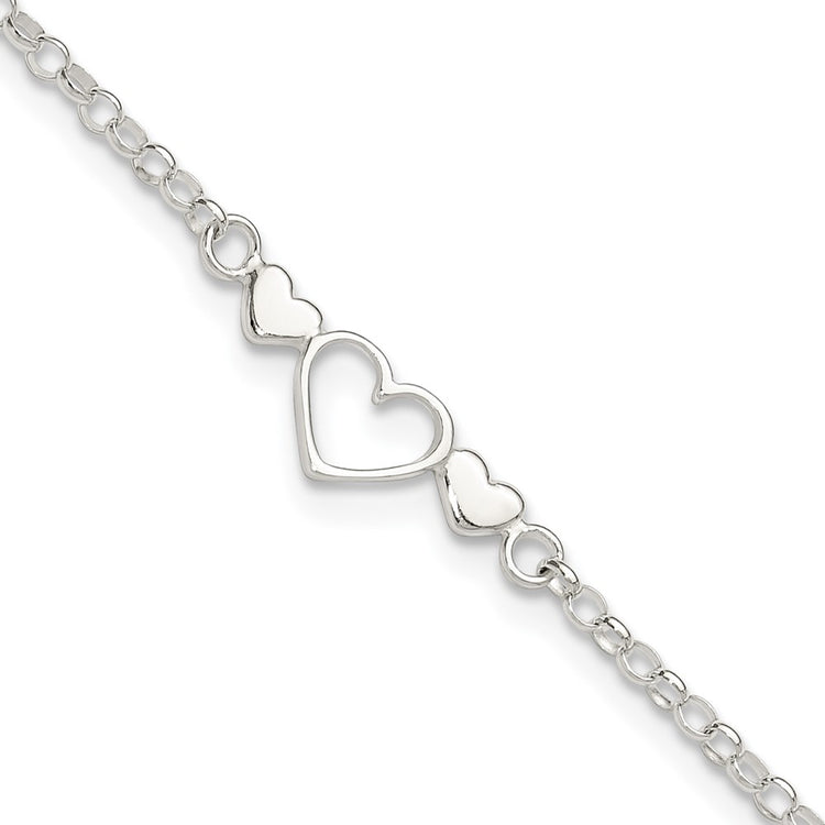 Sterling Silver Three Hearts 9 inch Plus 1 inch Extender - Total 10 inch Anklet