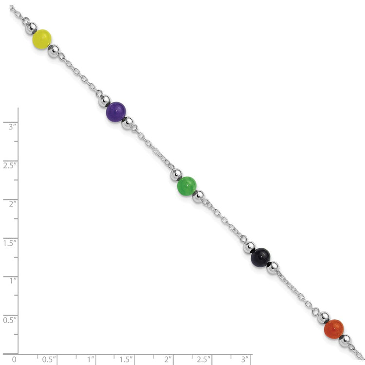 Sterling Silver Rhodium-plated 9inch Polished Multi-Color Jade Anklet