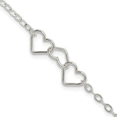 Sterling Silver 9inch Solid Polished Fancy Heart Link Anklet