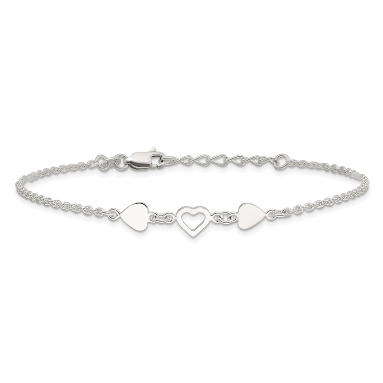 Sterling Silver Three Hearts 8 inch Plus 1 inch Extender - Total 9 inch Anklet