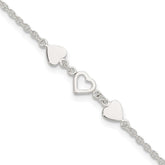 Sterling Silver Three Hearts 8 inch Plus 1 inch Extender - Total 9 inch Anklet