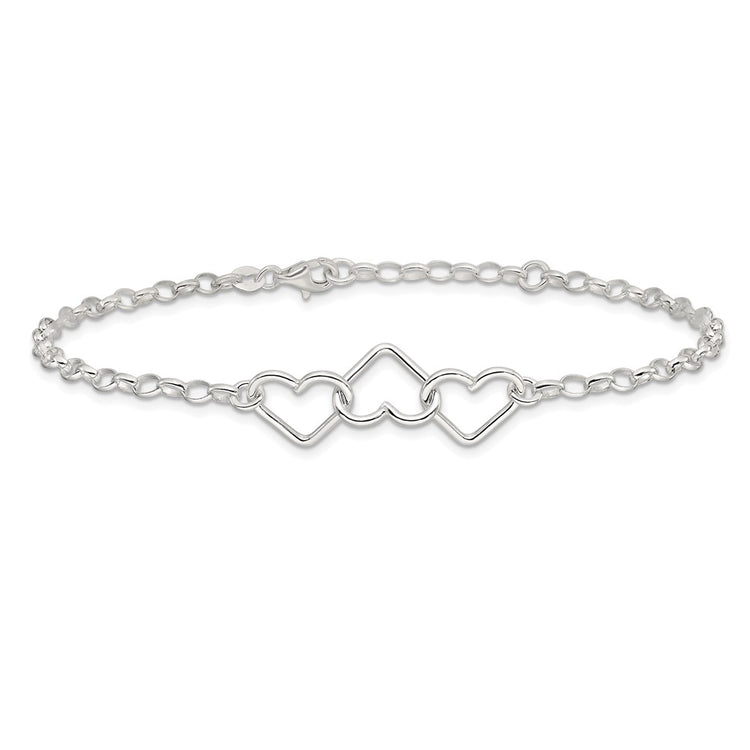 Sterling Silver Interlocking Hearts 8 inch Plus 1 inch Extender - Total 9 inch Anklet