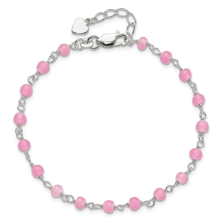 Sterling Silver Pink Glass Bead with Heart Dangle 8 inch Plus 1 inch Extender - Total 9 inch Anklet