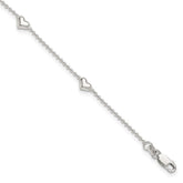 Sterling Silver Puffed Heart 5-Station 9 inch Plus 1 inch Extender - Total 10 inch Anklet