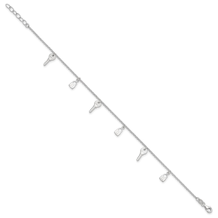 Sterling Silver Lock and Key 9 inch Plus 1 inch Extender - Total 10 inch Anklet
