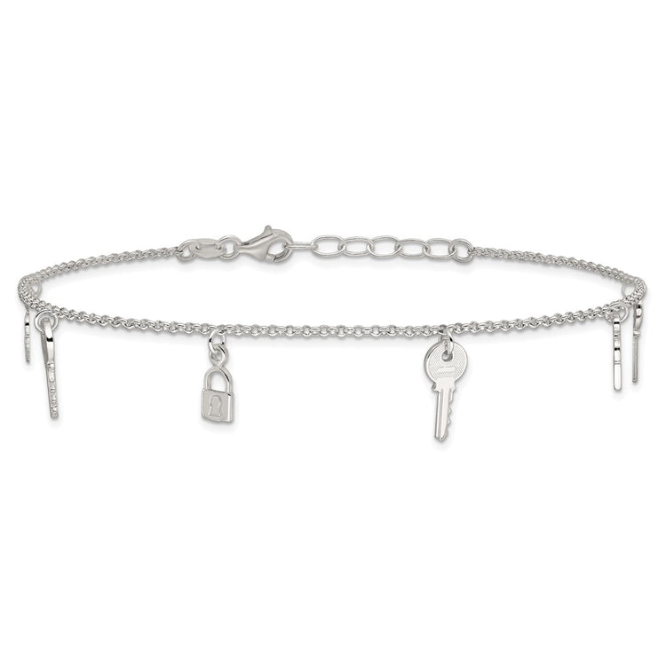 Sterling Silver Lock and Key 9 inch Plus 1 inch Extender - Total 10 inch Anklet