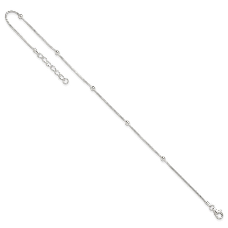 Sterling Silver Beads 5-Station 9 inch Plus 1.5 inch Extender - Total 10.5 inch Anklet