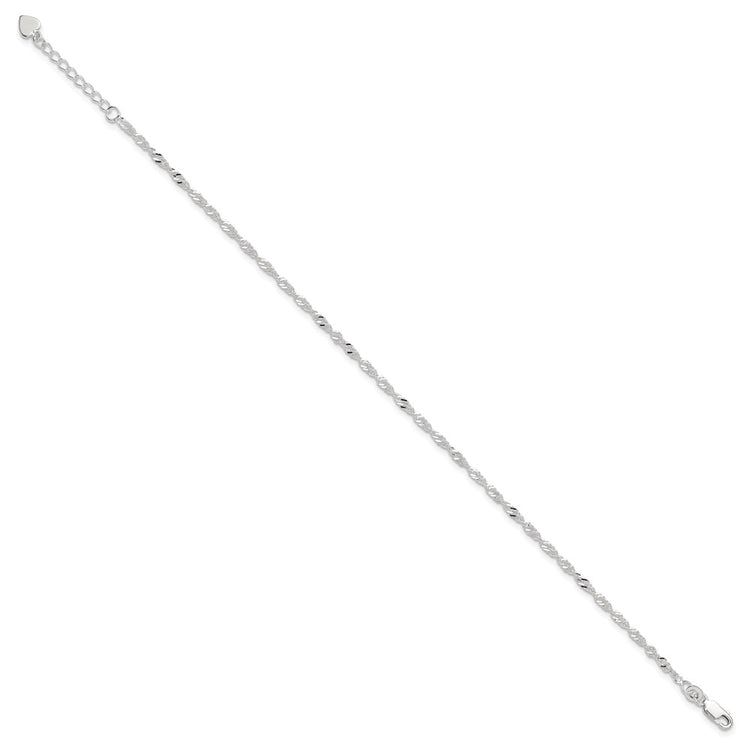 Sterling Silver 3mm Singapore Chain 8 inch Plus 1 inch Extender - Total 9 inch Anklet