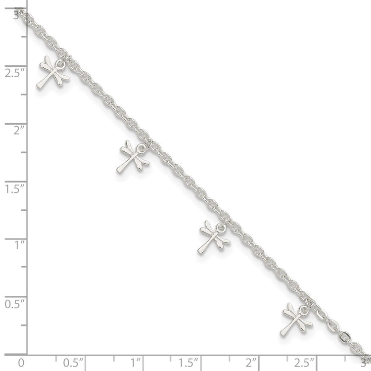 Sterling Silver Dragonfly Charms 9 inch Plus 1 inch Extender - Total 10 inch Anklet