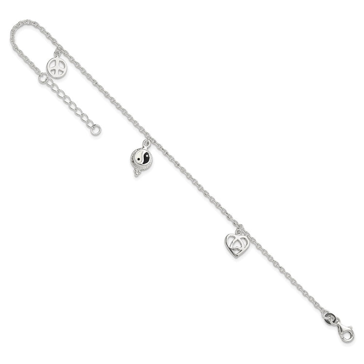 Sterling Silver Heart/YinYang/Peace Sign 8 inch Plus 1 inch Extender - Total 9 inch Anklet