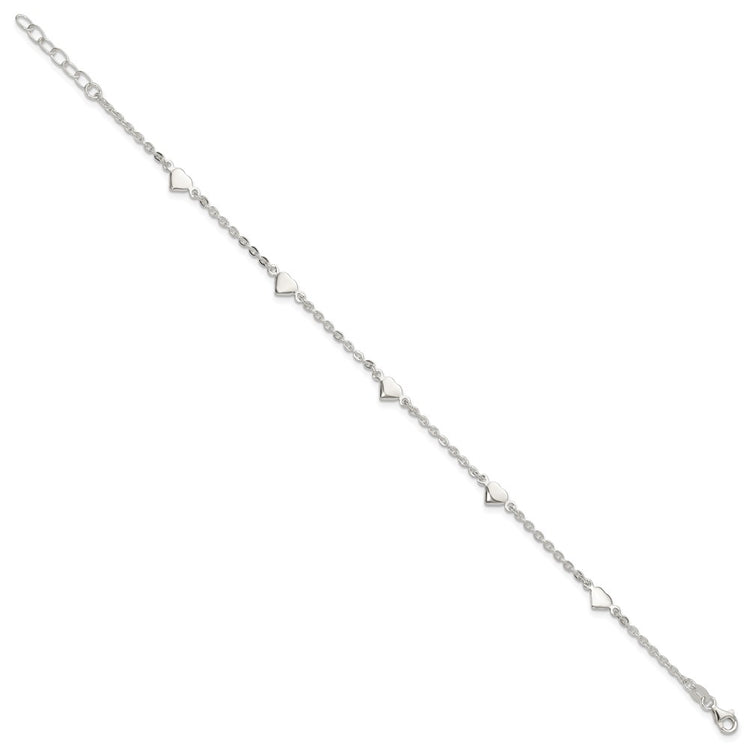 Sterling Silver Hearts 5-Station 9 inch Plus 1 inch Extender - Total 10 inch Anklet