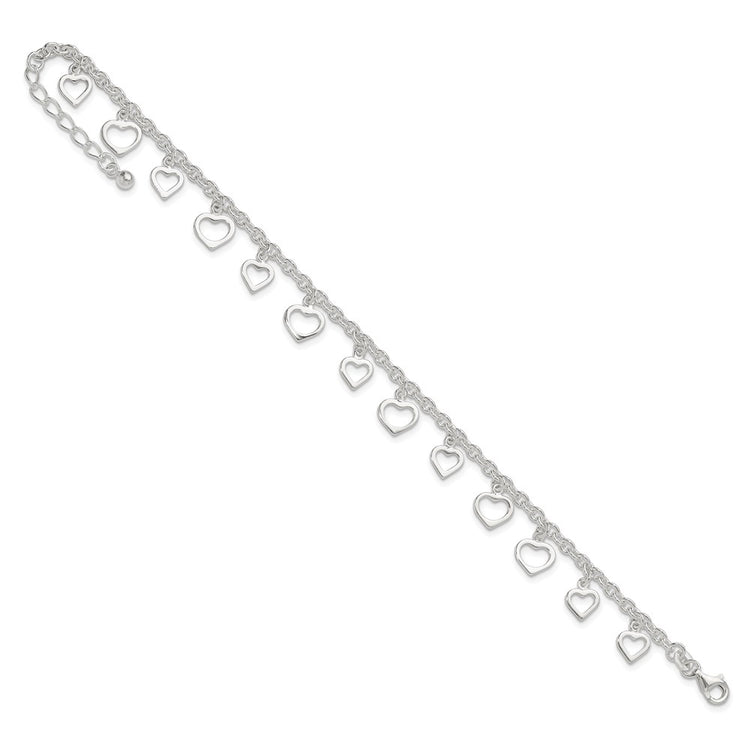 Sterling Silver Heart Charms 8 inch Plus 1 inch Extender - Total 9 inch Anklet